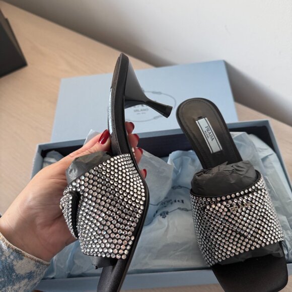 Prada Logo Slide Sandals Satin Crystal Embellished Kitten Heels Black - Picture 7 of 8